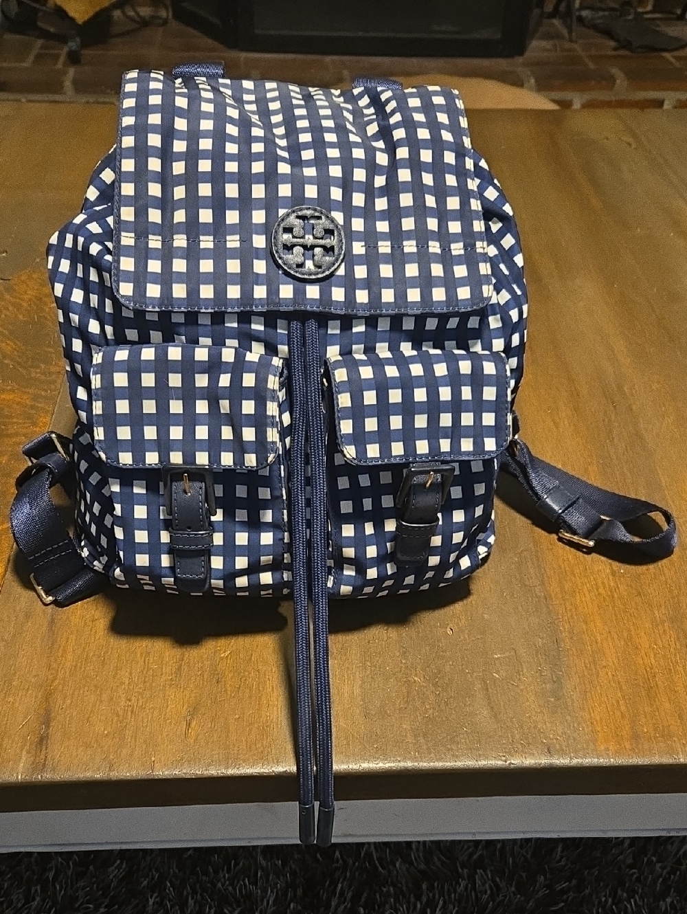 Tory Burch Navy and White Gingham Drawstring Flap Backpack